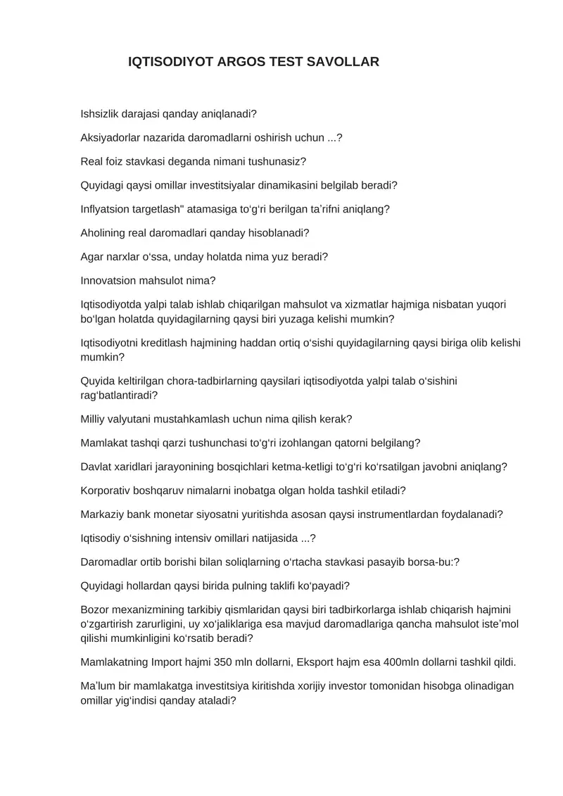 Axborot texnologiyalari ARGOS (argos) test savollari