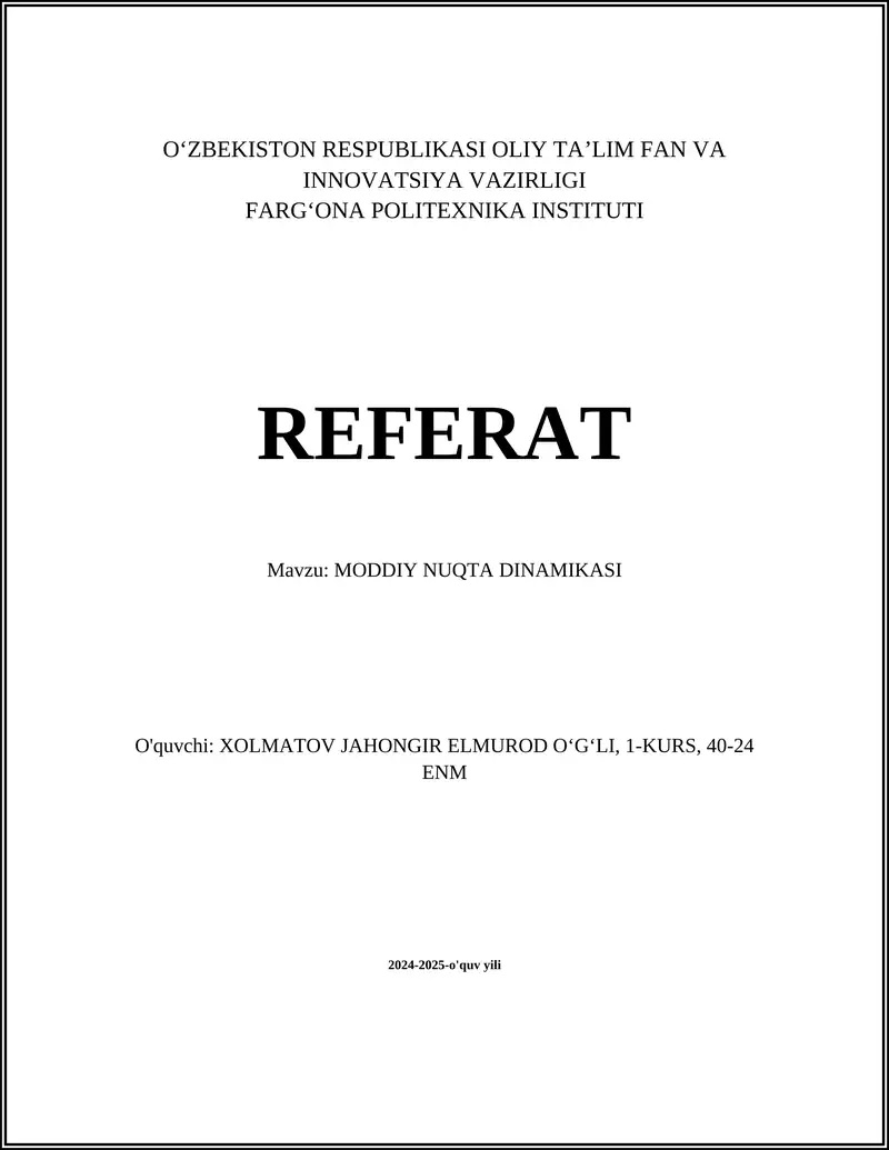 Moddiy Nuqta Dinamikasi