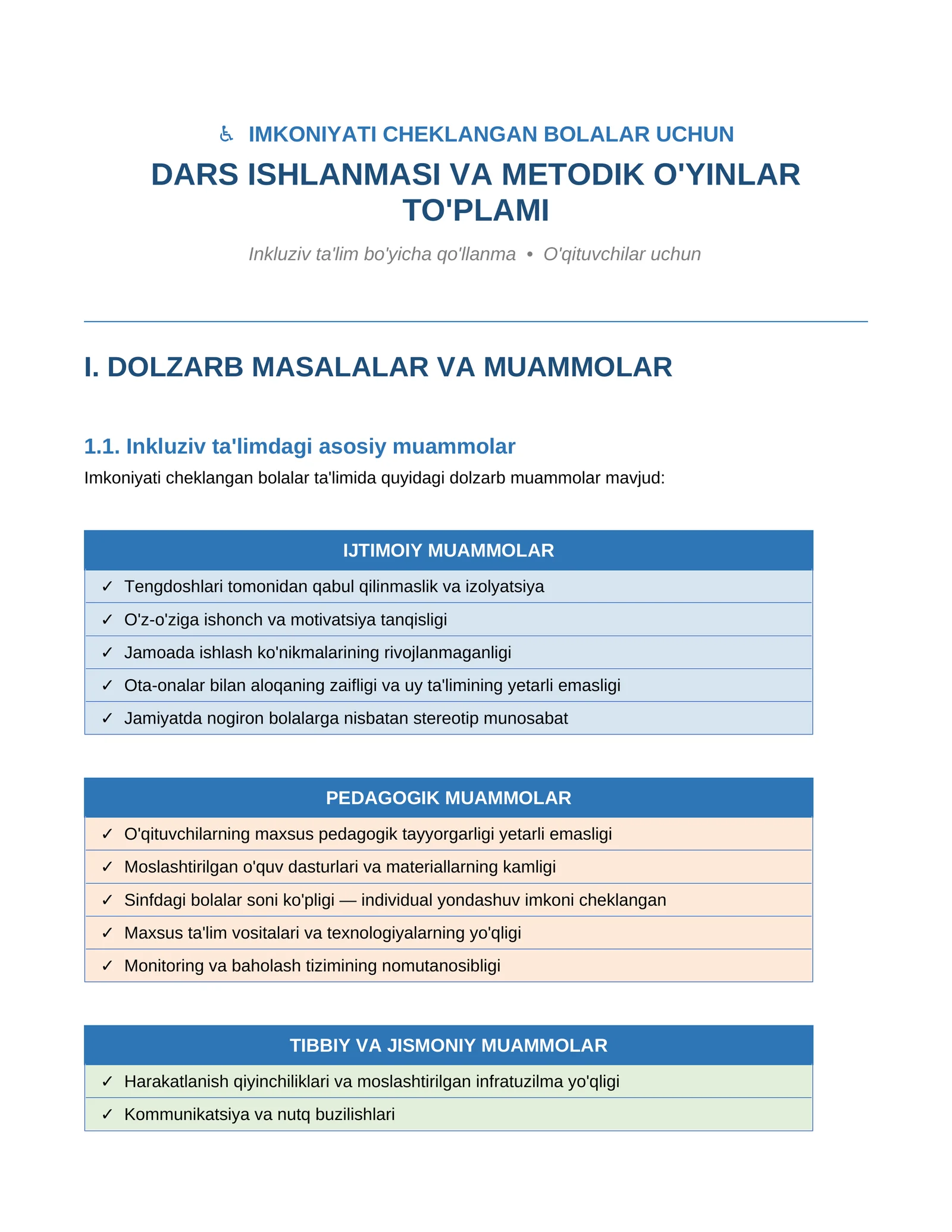 IMKONIYATI CHEKLANGAN BOLALAR UCHUN DARS ISHLANMASI VA METODIK O'YINLAR TO'PLAMI