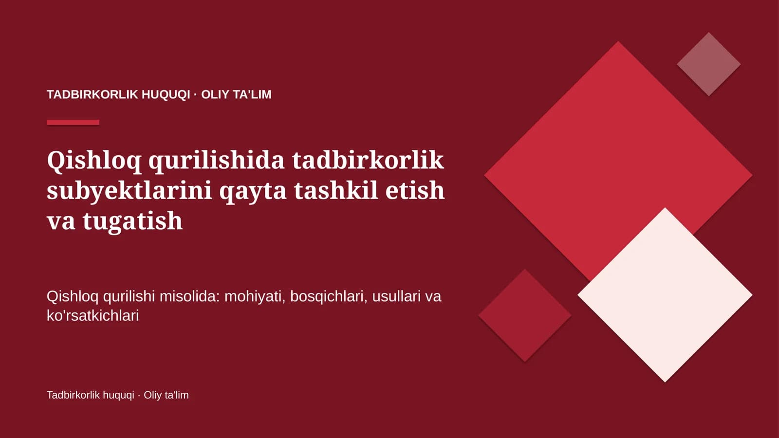 Qishloq qurilishida tadbirkorlik subyektlarini qayta tashkil etish va tugatish