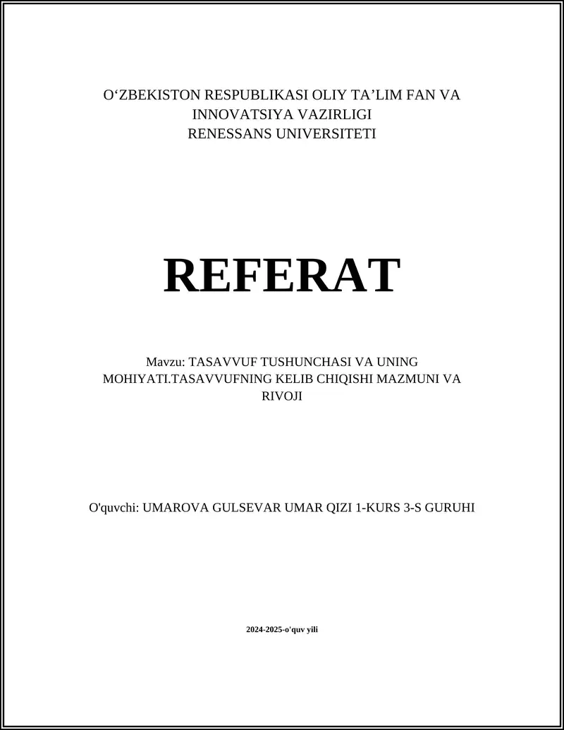 TASAVVUF TUSHUNCHASI VA UNING MOHIYATI