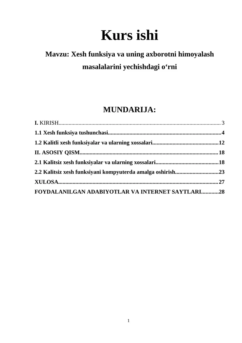 Xesh funksiya va uning axborotni himoyalash masalalarini yechishdagi o‘rni