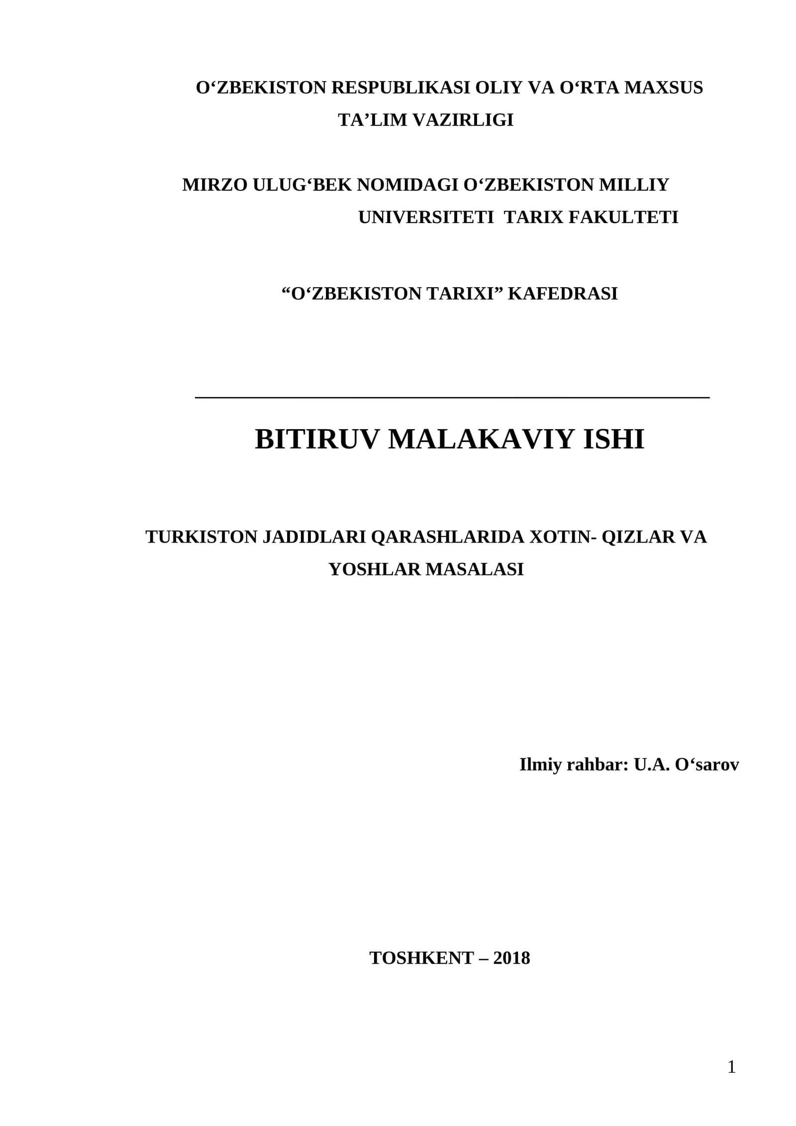 TURKISTON JADIDLARI QARASHLARIDA XOTIN- QIZLAR VA YOSHLAR MASALASI